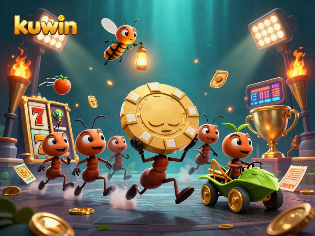Kuwin gameplay featuring cartoon ants heisting a poker chip amidst a vibrant casino backdrop.