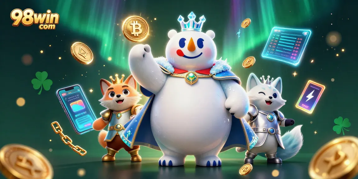 Engage in thrilling online gaming with 98win com, featuring vibrant 3D characters and crypto elements.