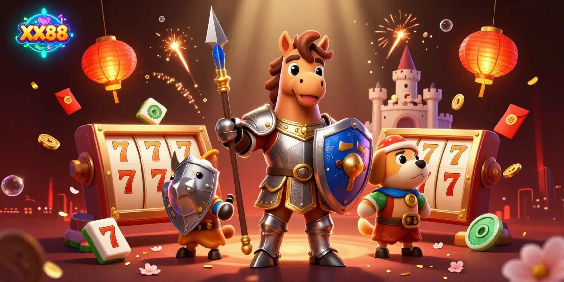 Experience the thrill of slots at XX88 as a knight and companions celebrate wins with dynamic game elements.