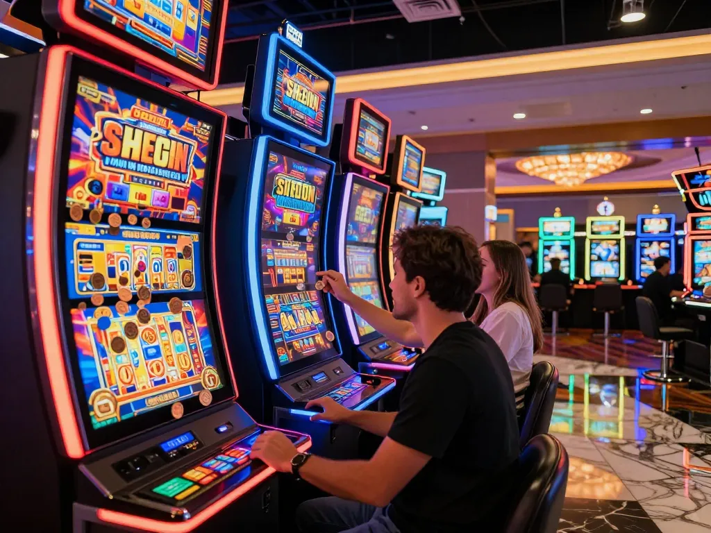 Powernet slot machines showcasing vibrant visuals as players celebrate wins in an exciting casino atmosphere.