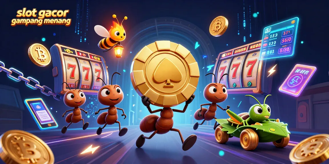 Slot gacor gampang menang menampilkan ilustrasi tim semut 3D mencuri chip poker emas besar di dunia perjudian.