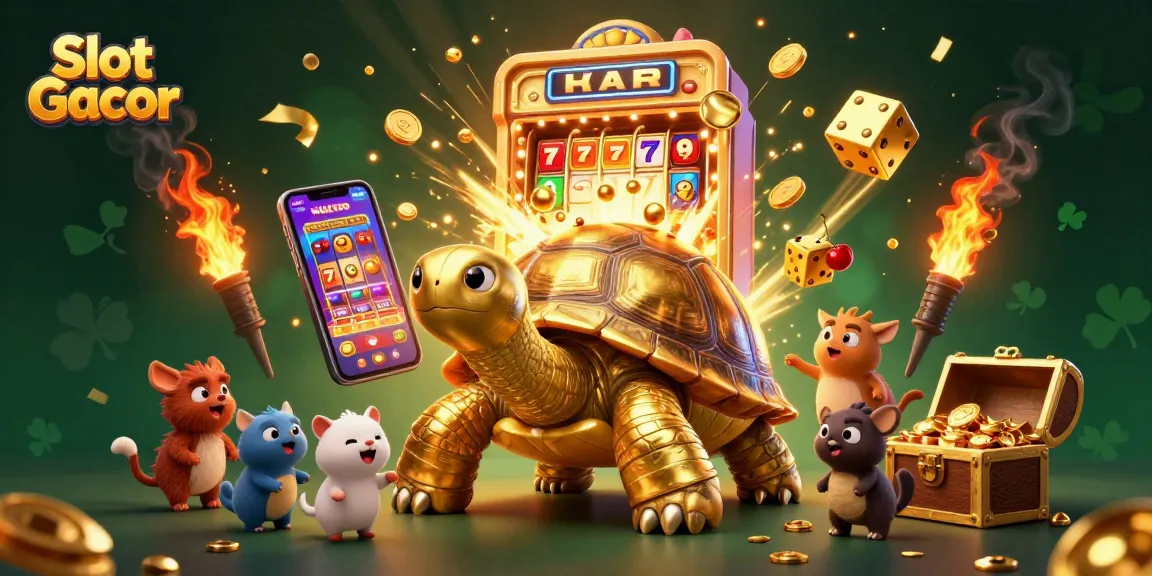 Engage with Slot Gacor at this vibrant casino scene filled with animated golden tortoise and dynamic slot elements.