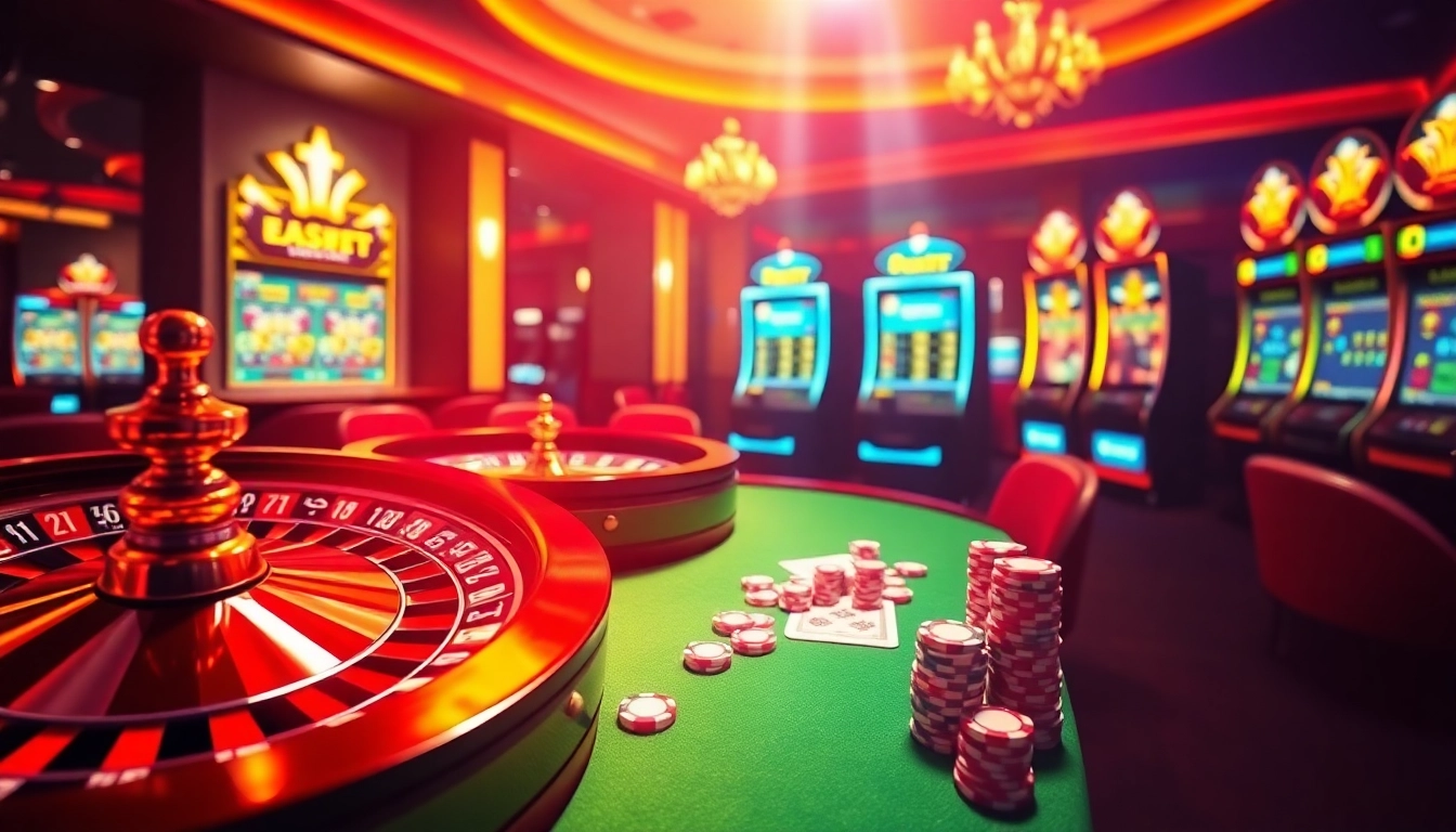Exciting scene of online gambling with jeetbuzz elements like poker chips and a roulette wheel.