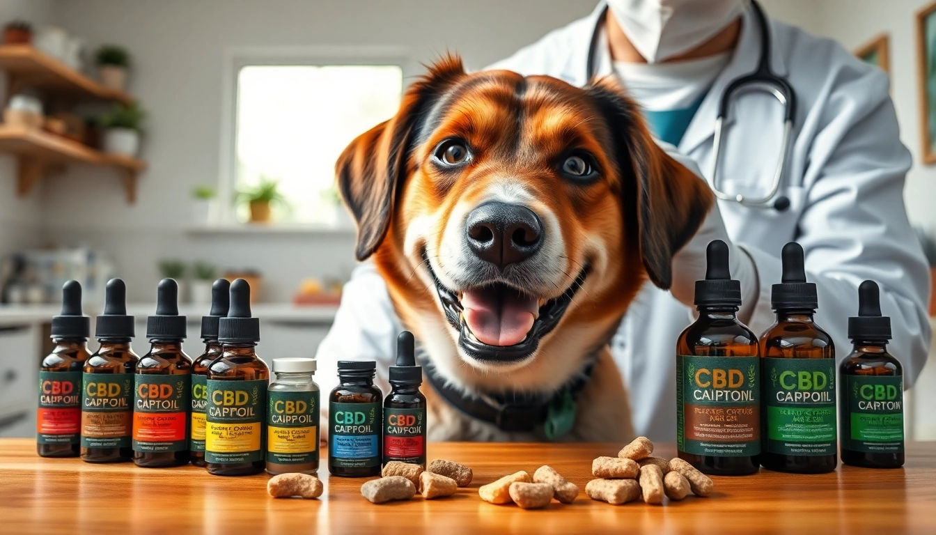 Showcase of CBD For Pet products with a happy dog in a veterinary setting promoting pet wellness.