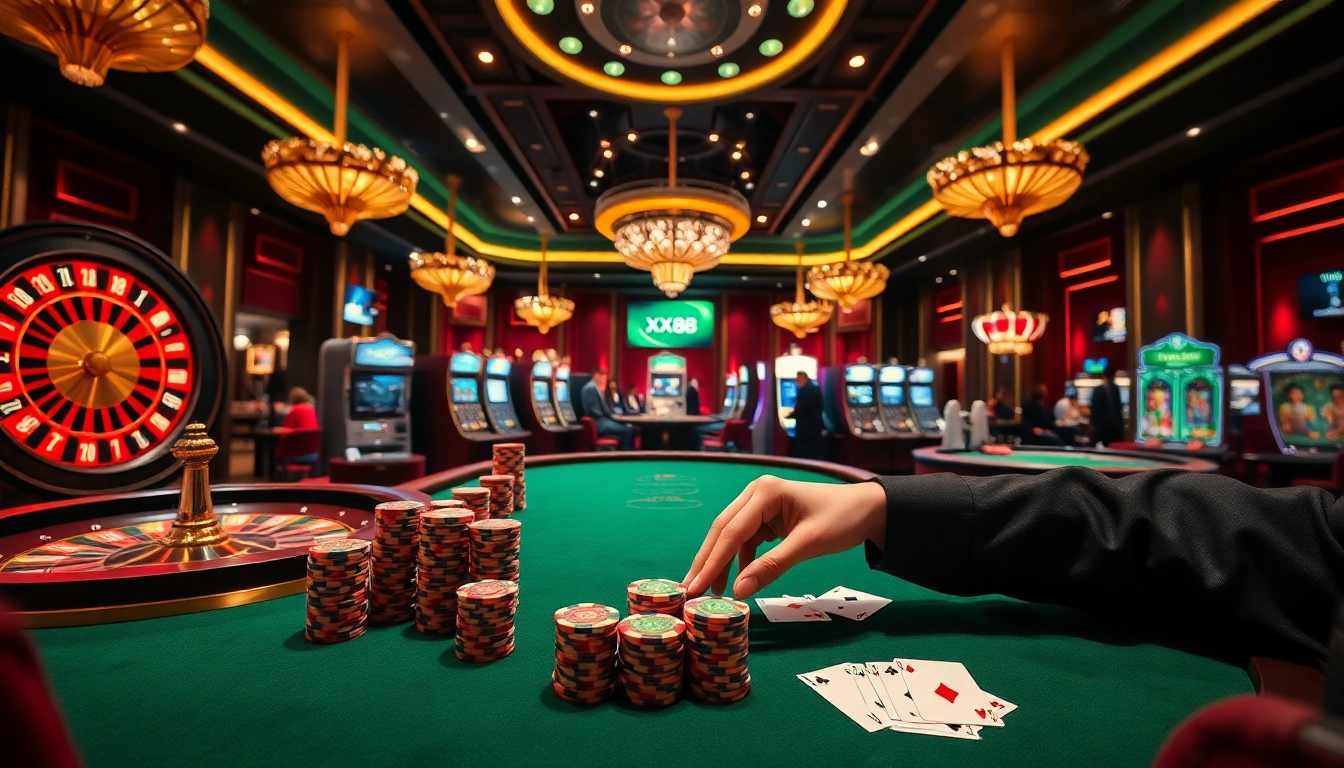 Experience the thrill of gambling at XX88 with vibrant casino visuals featuring poker chips and roulette wheels.