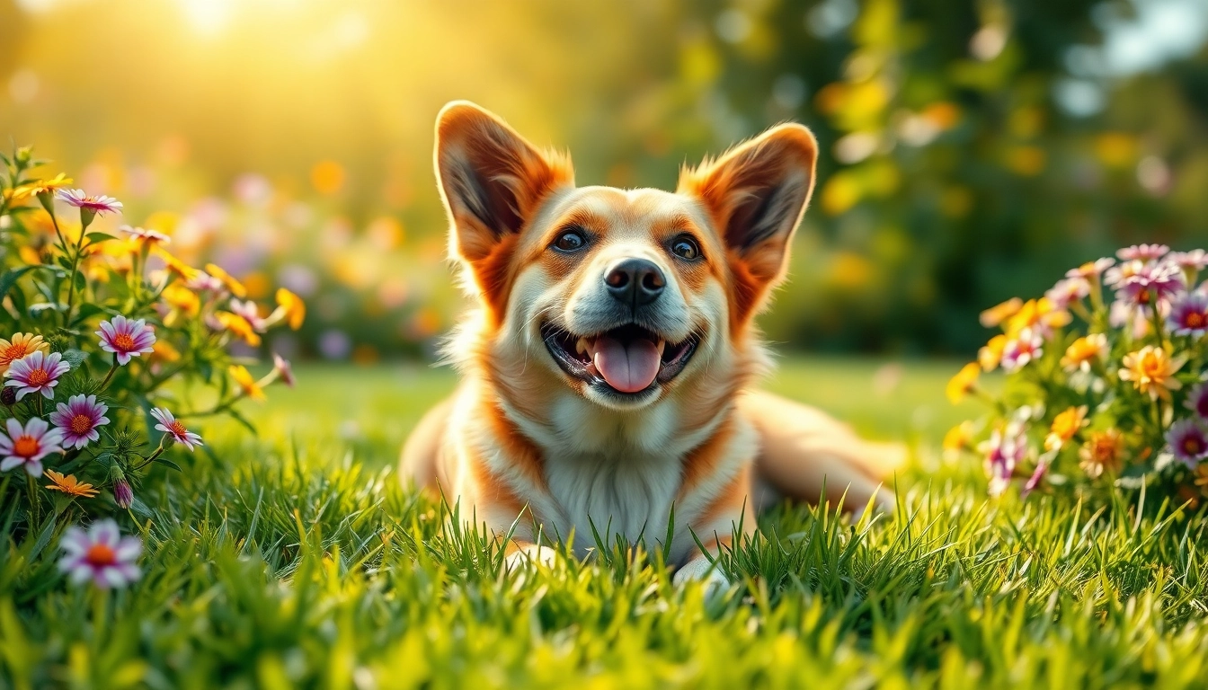 Relaxed dog in a garden showcasing the benefits of CBD For Pet for anxiety relief