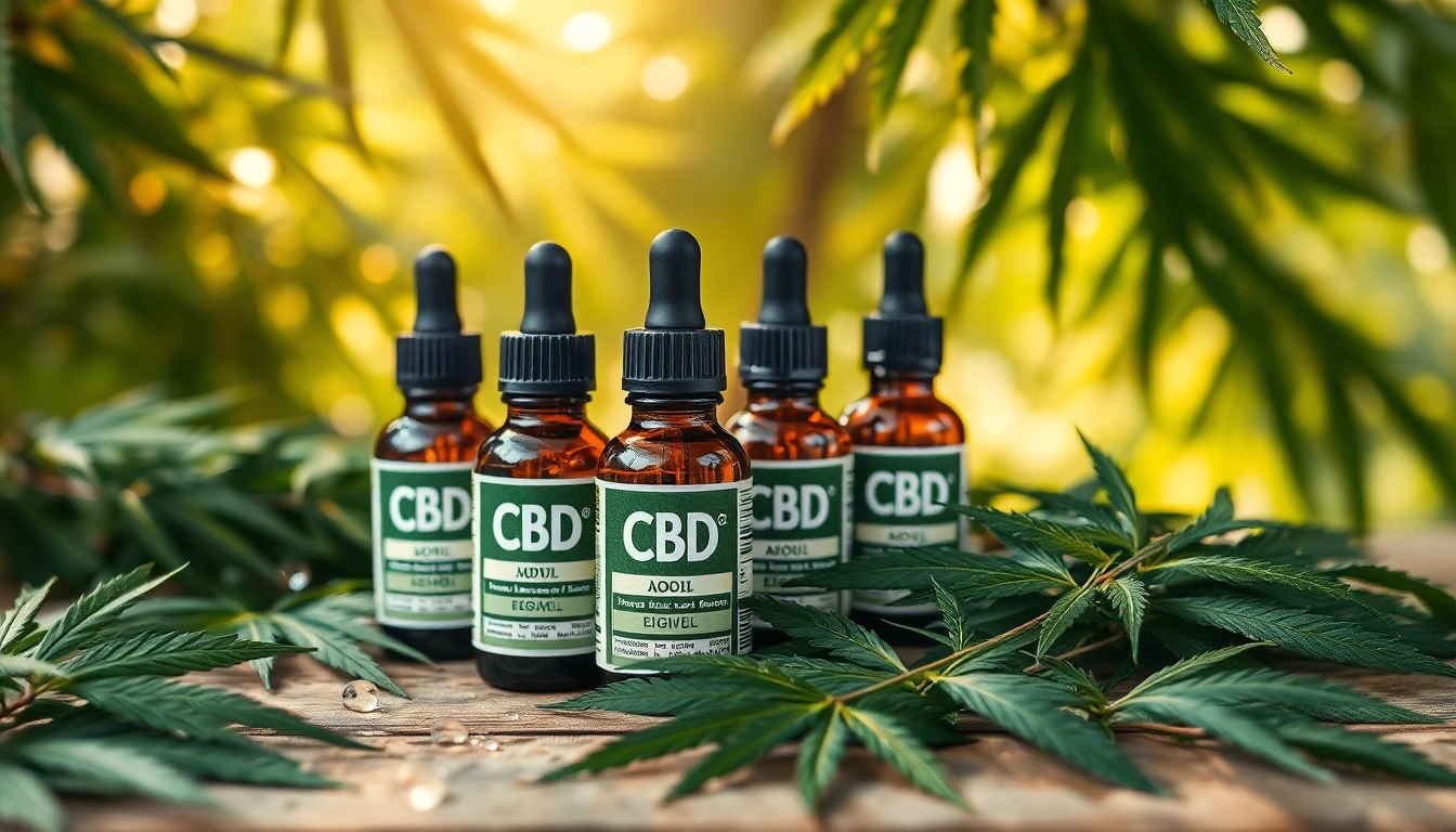 Showcasing CBD oil bottles with hemp leaves emphasizing natural health benefits.