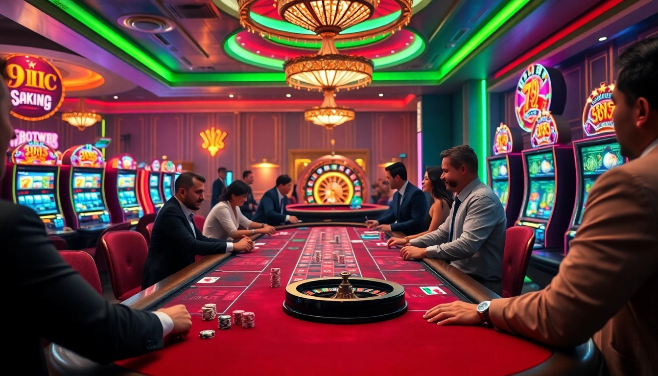 Players enjoying a thrilling game at the 79king casino table with vibrant chips and cards.