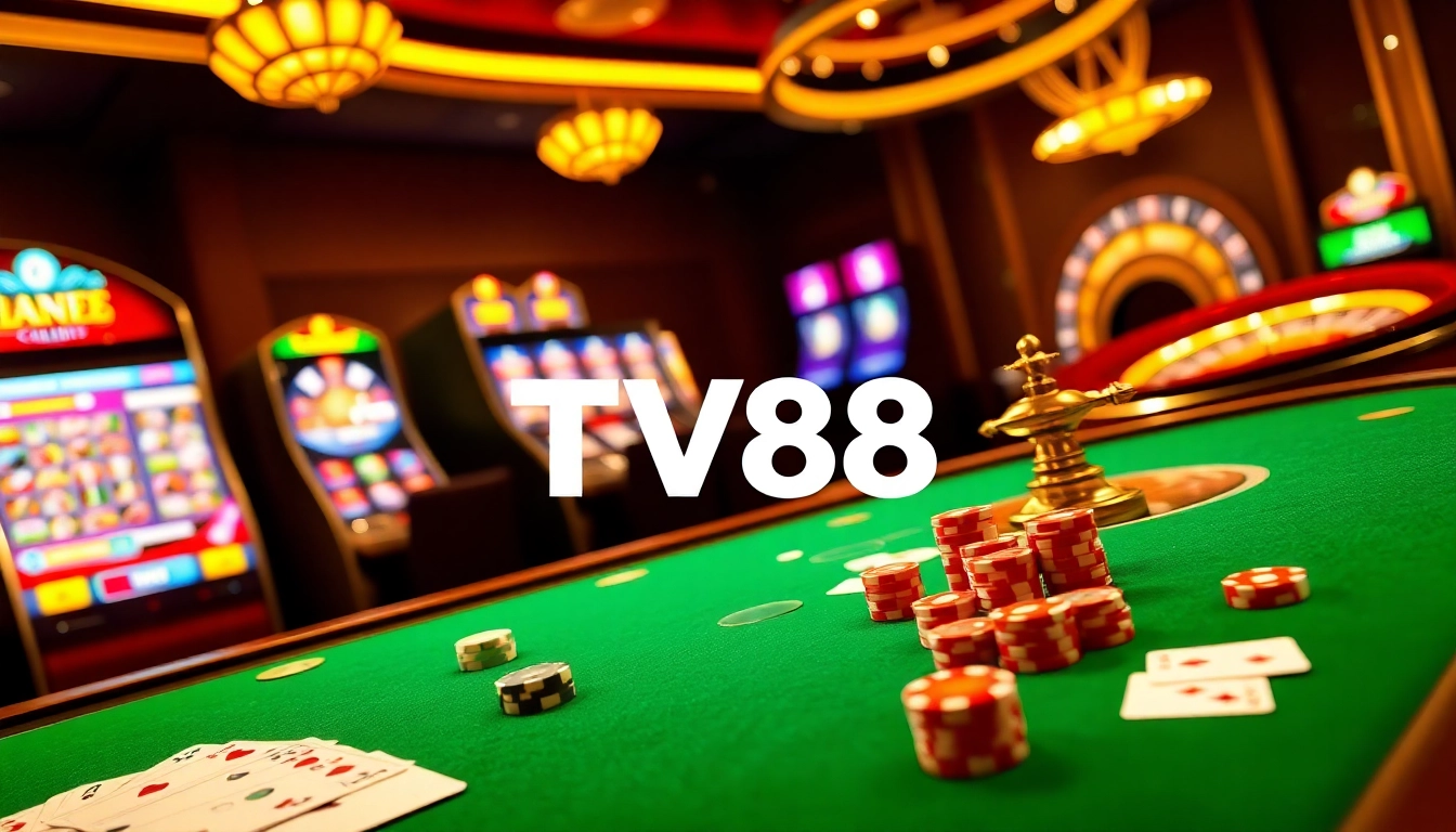 Engaging players at TV88 with poker chips and vibrant slot machines in a luxurious casino setting.