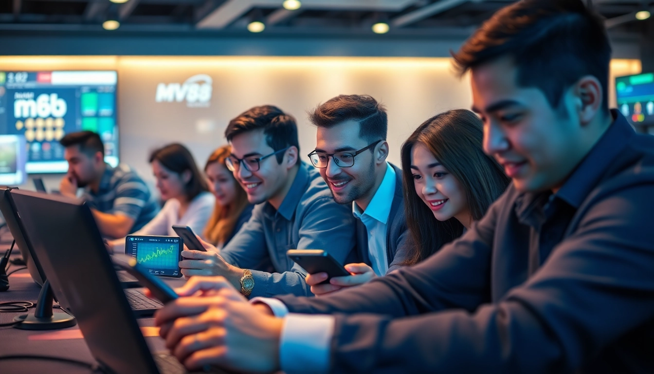 Engaged users experiencing MV88's online gaming platform with a user-friendly interface in a vibrant digital environment.