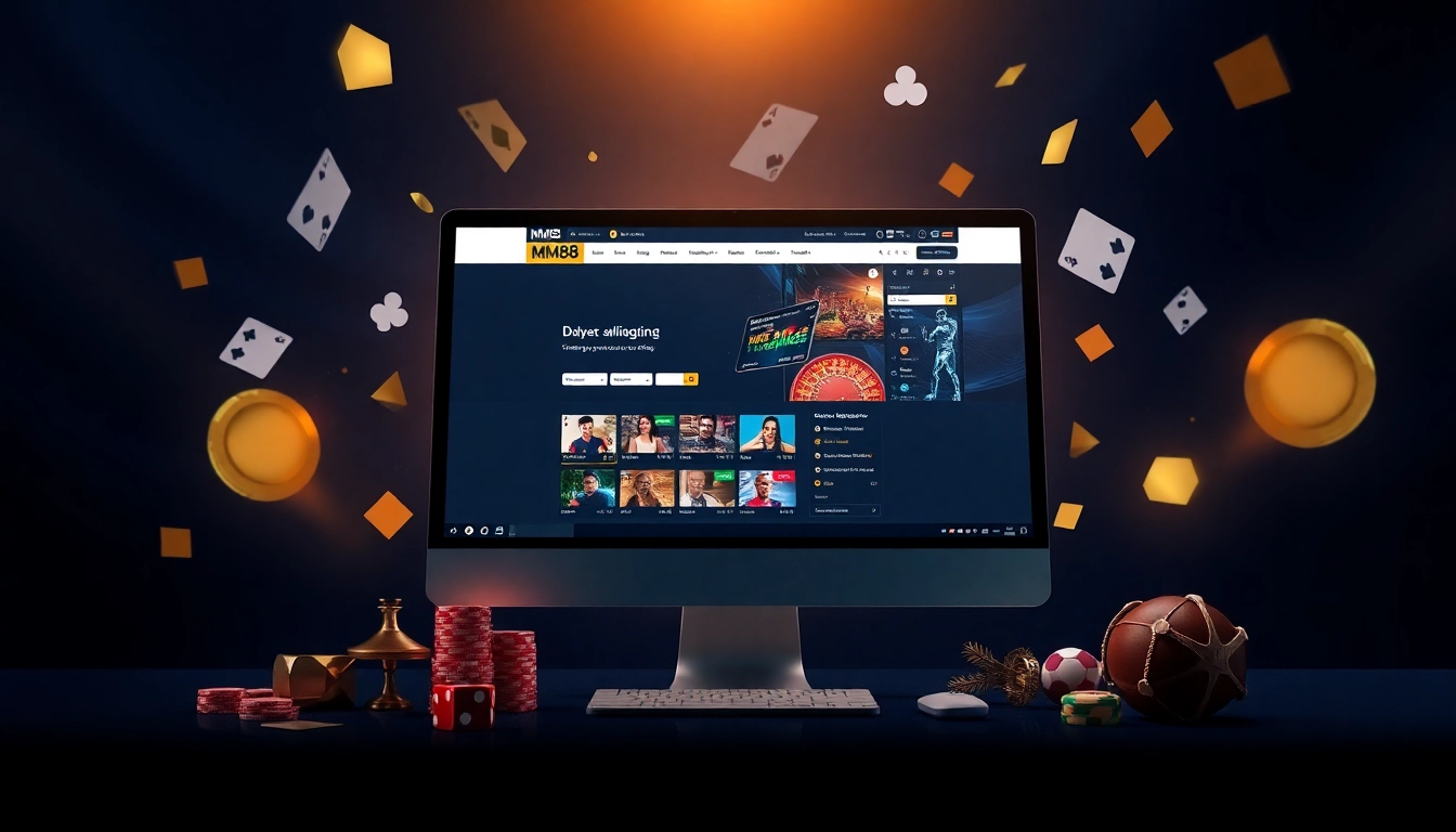 Explore the captivating MM88 online gambling platform with a modern interface and engaging gaming elements.