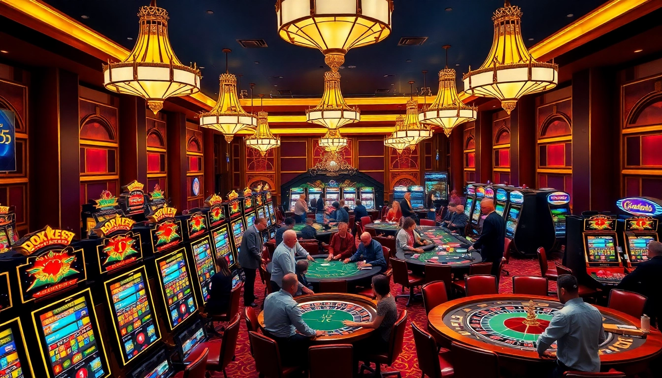 Players enjoying a dynamic gaming experience at OK365 casino, featuring slot machines and poker tables.