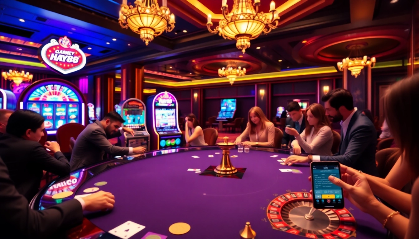 Players engaging at a luxurious casino table featuring Hay88, with cards and chips in action.