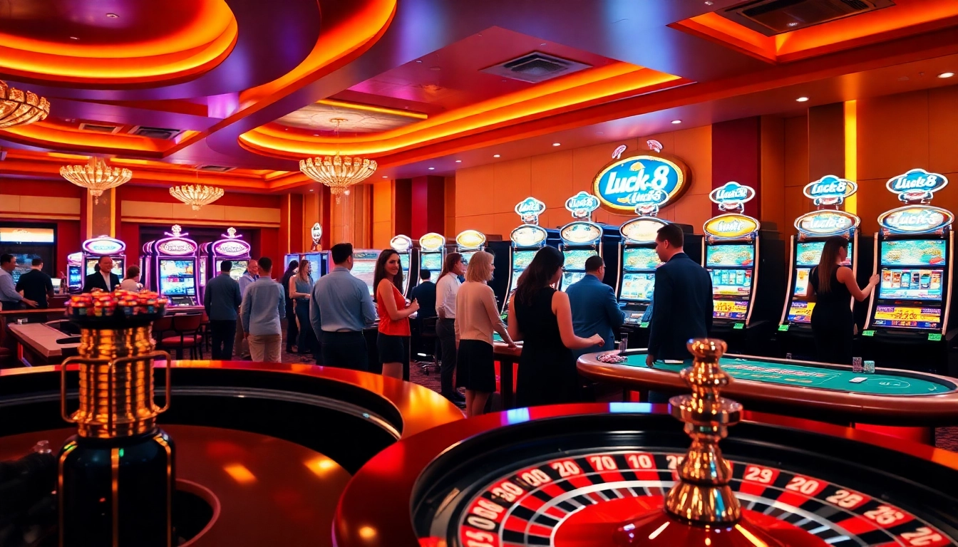 Players enjoying their time at luck8 casino with a vibrant roulette wheel and illuminated slot machines.