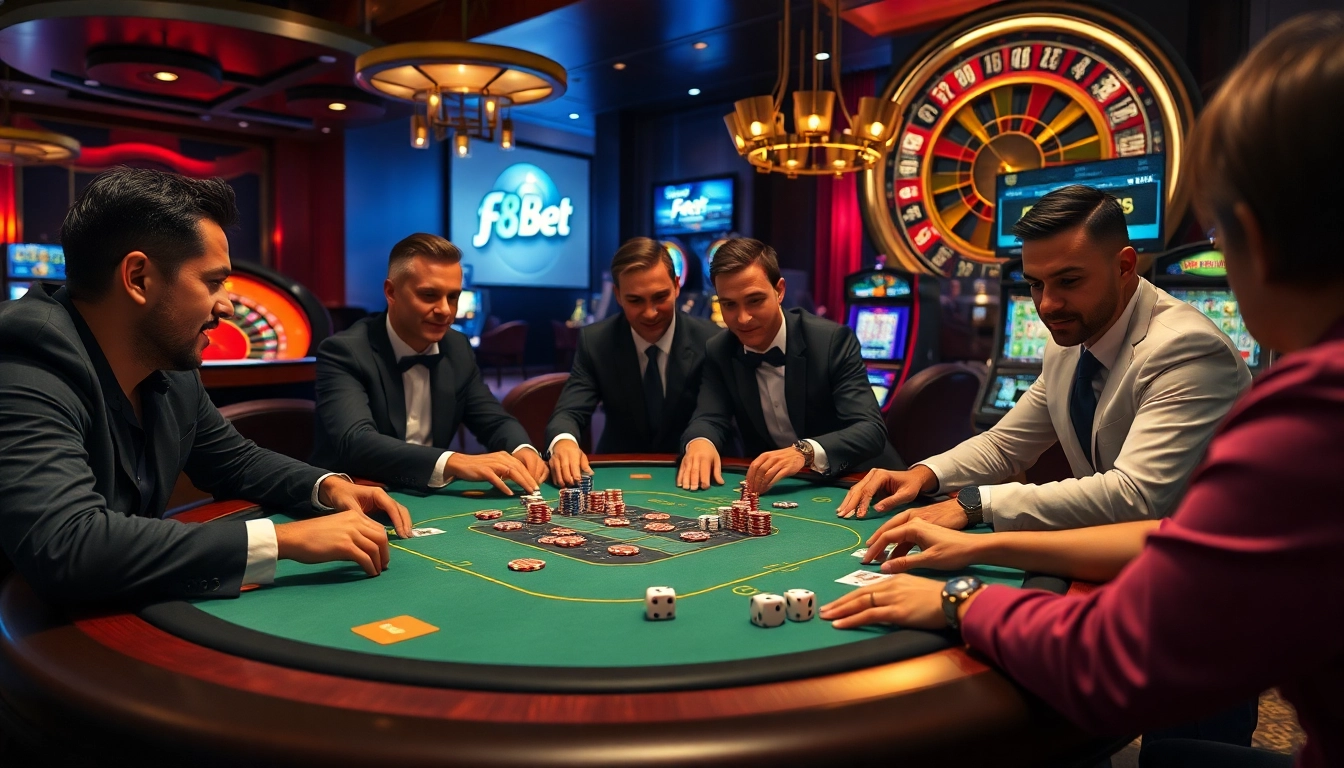 F8bet excitement at a high-stakes poker game featuring vibrant casino visuals and engaging players.