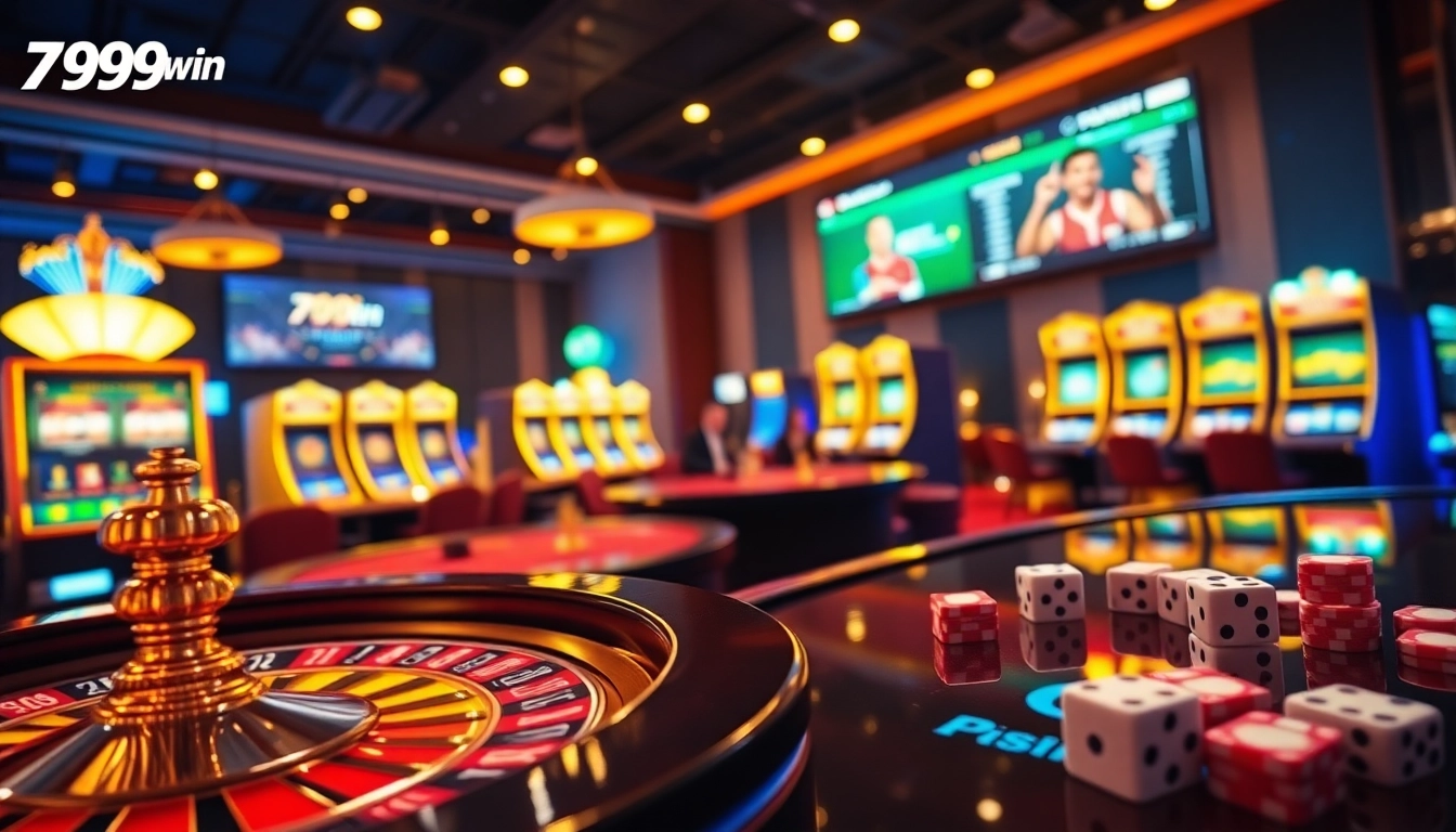 Exciting casino scene featuring 789win elements with colorful chips, cards, and a roulette wheel.