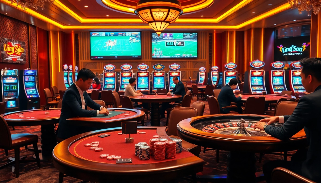 Lương Sơn TV showcases an exciting poker game atmosphere with vibrant casino elements and football screens.