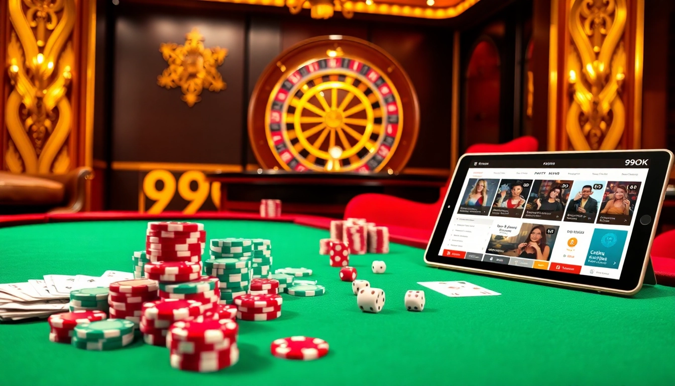 Intense poker action at 99OK casino with vibrant chips and digital interfaces.