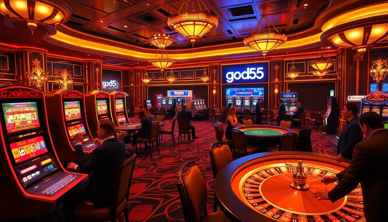 Excited players experiencing luxury gaming at god55 casino with vibrant roulette wheels and high-end poker tables.