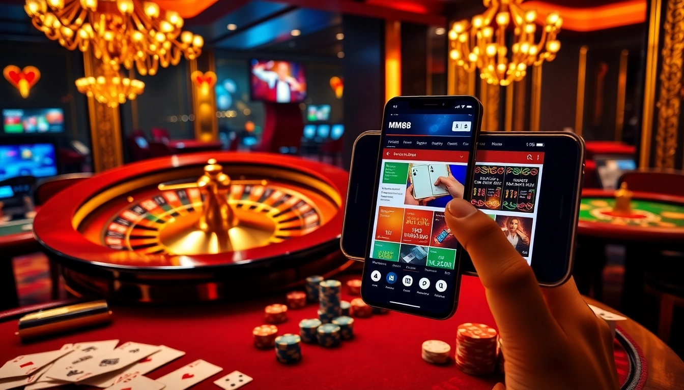 A dynamic casino scene with the MM88 online interface showcasing vibrant games and betting options.