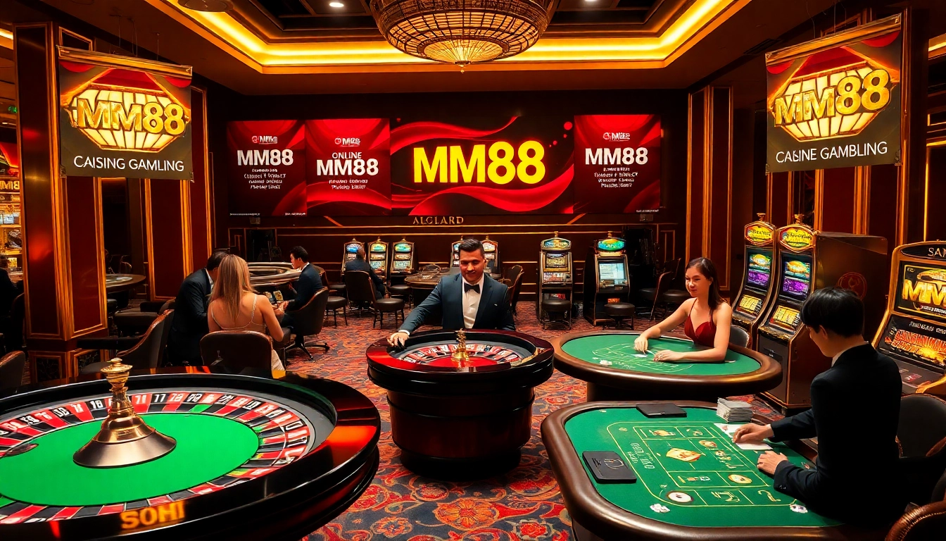 Exciting casino gameplay at https://m88zo.com/ with poker tables and roulette wheels.