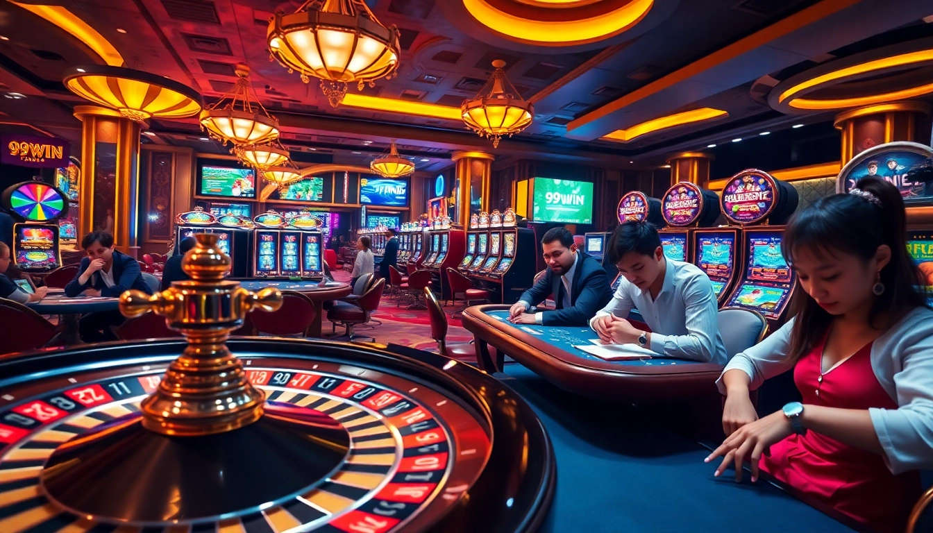 Players enjoy the excitement of games at 99win's luxurious casino, featuring roulette and poker tables.