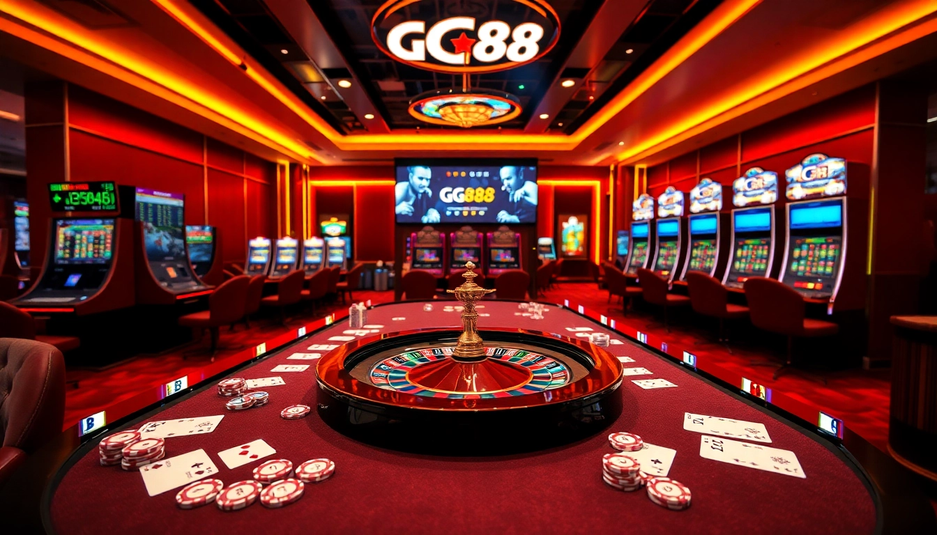 Experience intense gambling at GG88.mov with a modern casino setting featuring tables, chips, and digital displays.