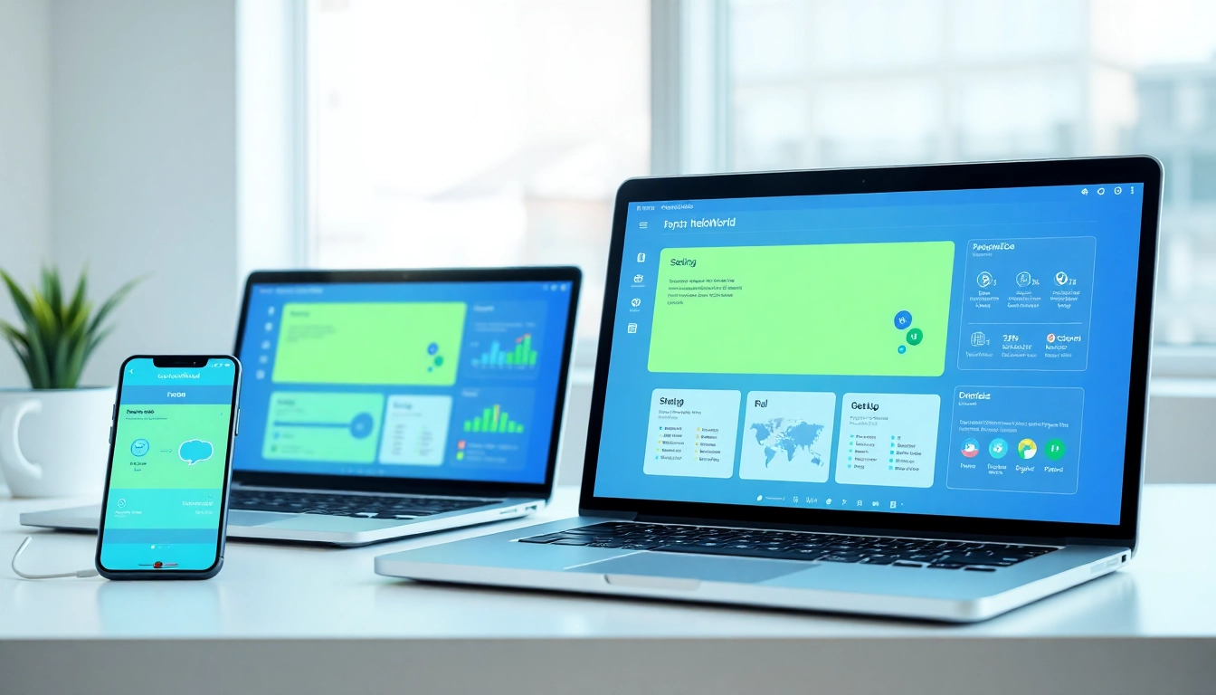 HelloWorld software interface displayed on a laptop and smartphone, showcasing multilingual capabilities.