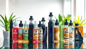 Explore a colorful selection of Vape & E-Liquids displayed attractively on a glass table.