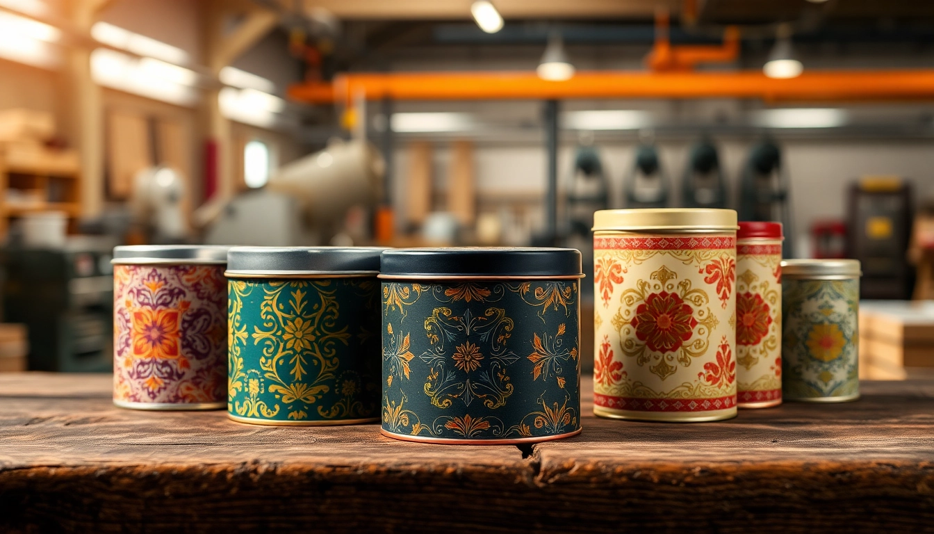 Custom tins with unique designs and vibrant colors on a wooden surface