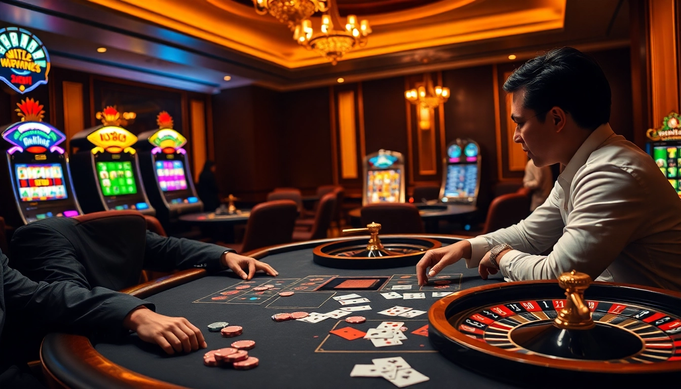 High-stakes poker action at the casino showcasing Lc88 branding and vibrant gambling elements.