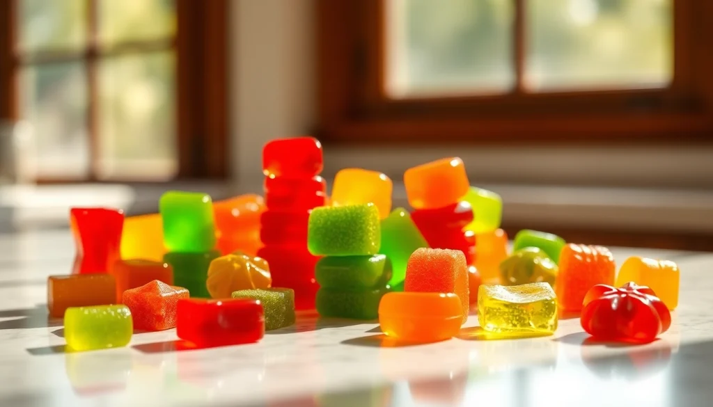 Delicious Weed Gummies displayed on a marble background, showcasing vibrant colors and enticing shapes.