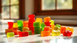 Delicious Weed Gummies displayed on a marble background, showcasing vibrant colors and enticing shapes.