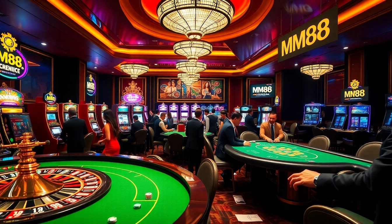 Players enjoying high-stakes games at MM88's vibrant casino, showcasing excitement and luxury.