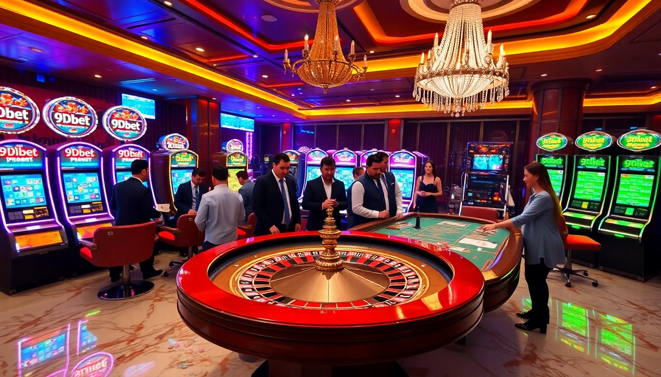 Engaging scene of players placing bets at a roulette table with 9Dbet branding, showcasing casino excitement.