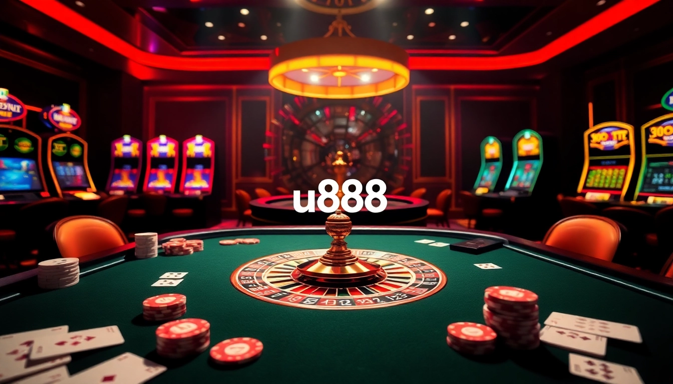 Engaging casino scene with u888 logo on poker table, vibrant lights and roulette wheel.