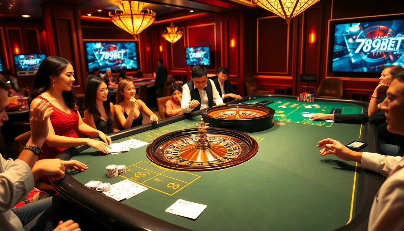 Experience the thrill of gambling at 789BET with vibrant casino tables and enthusiastic players.