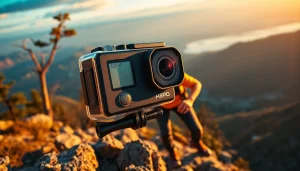 Action camera capturing an adventurer climbing a rocky mountain in stunning 4K.