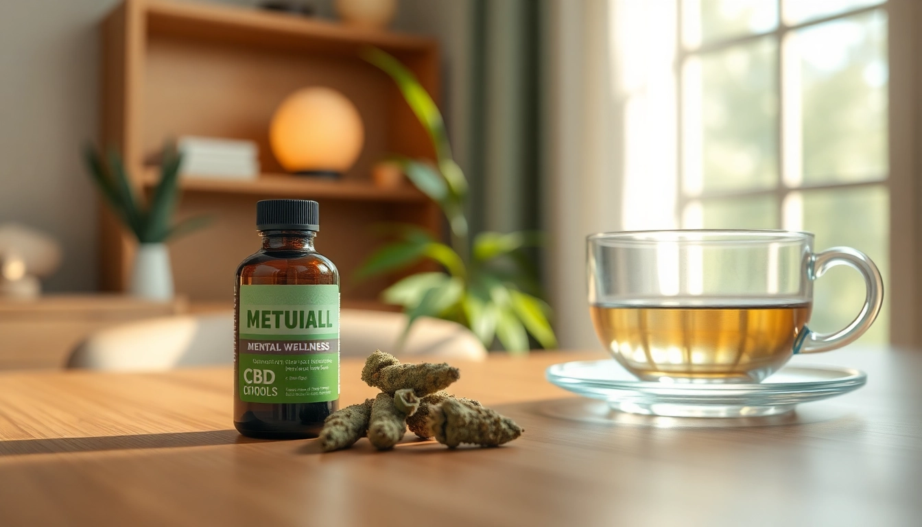 Enhance mental wellness with a relaxing setup featuring Mental Wellness CBD buds and calming tea.
