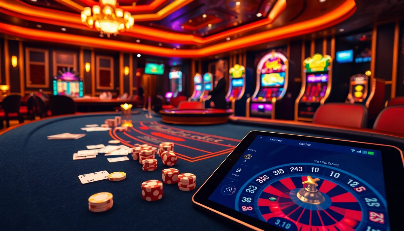 Thrilling casino experience at Thabet with vibrant tables, chips, and roulette wheel.