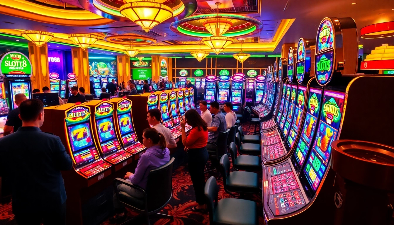 Excited players enjoying SLOTS8 slot machines in a luxurious casino atmosphere.
