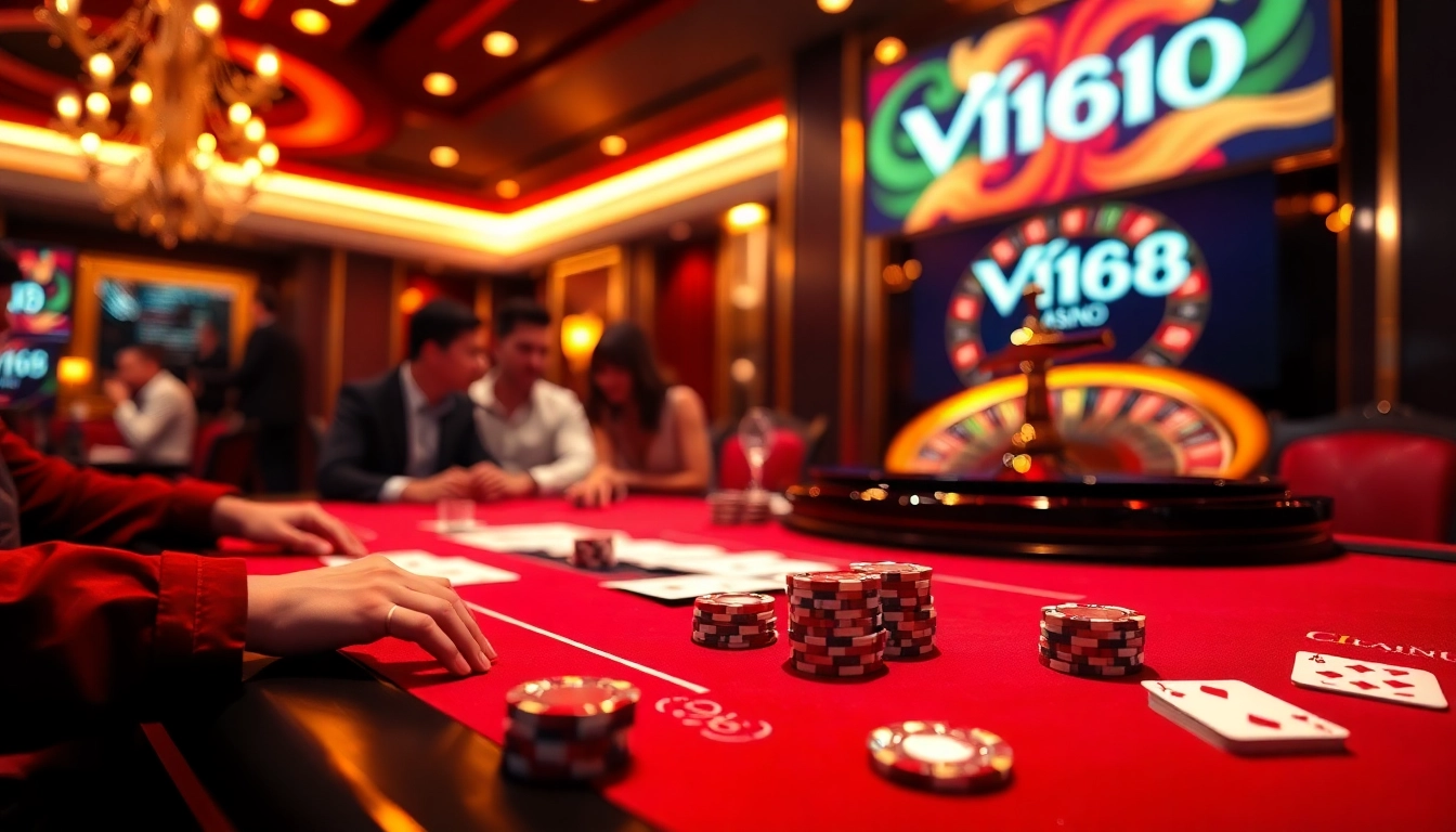 Experience the excitement of VN168 with players enjoying a high-stakes poker game in a luxurious casino setting.