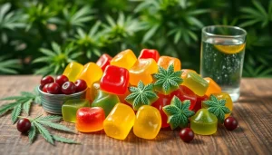 Experience the colorful Weed Gummies displayed artistically, showcasing freshness and quality.