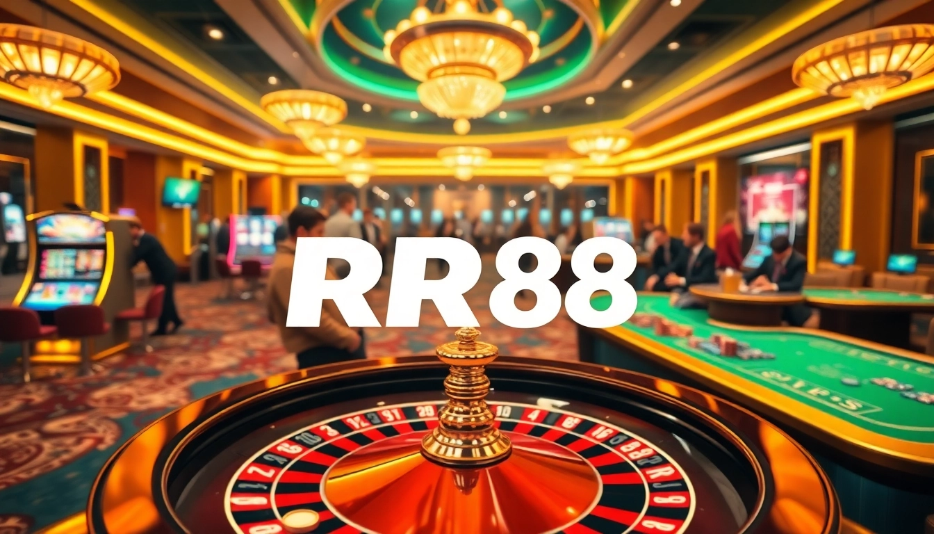 Players enjoying dynamic games at RR88's luxurious casino, featuring roulette and poker tables.