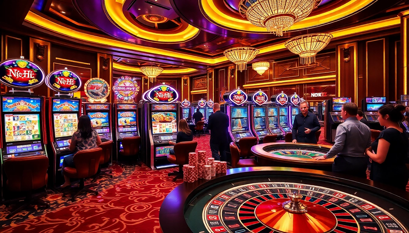 Nổ Hũ slots attract excited players in a luxurious casino setting with vibrant machines and thrilling gameplay.