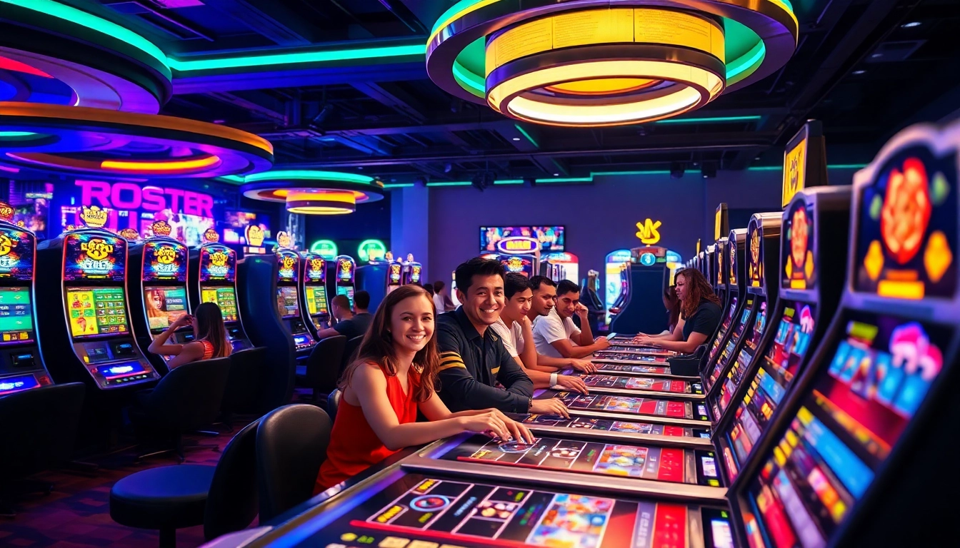 Exciting gaming atmosphere at 8Kbet showcasing diverse players enjoying online betting with colorful lights and digital interfaces.