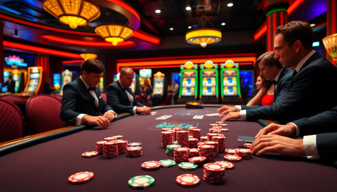 A thrilling poker game at nohu90 casino featuring vibrant chips and a stylish dealer.