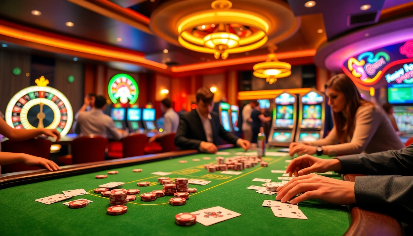 Players engaging at S8 casino poker table, surrounded by vibrant slot machines and roulette.