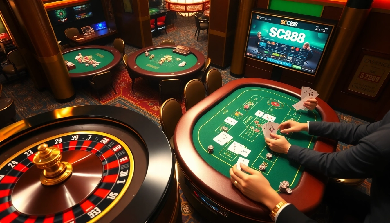SC88 gaming excitement with a roulette wheel and poker table in a luxurious casino setting