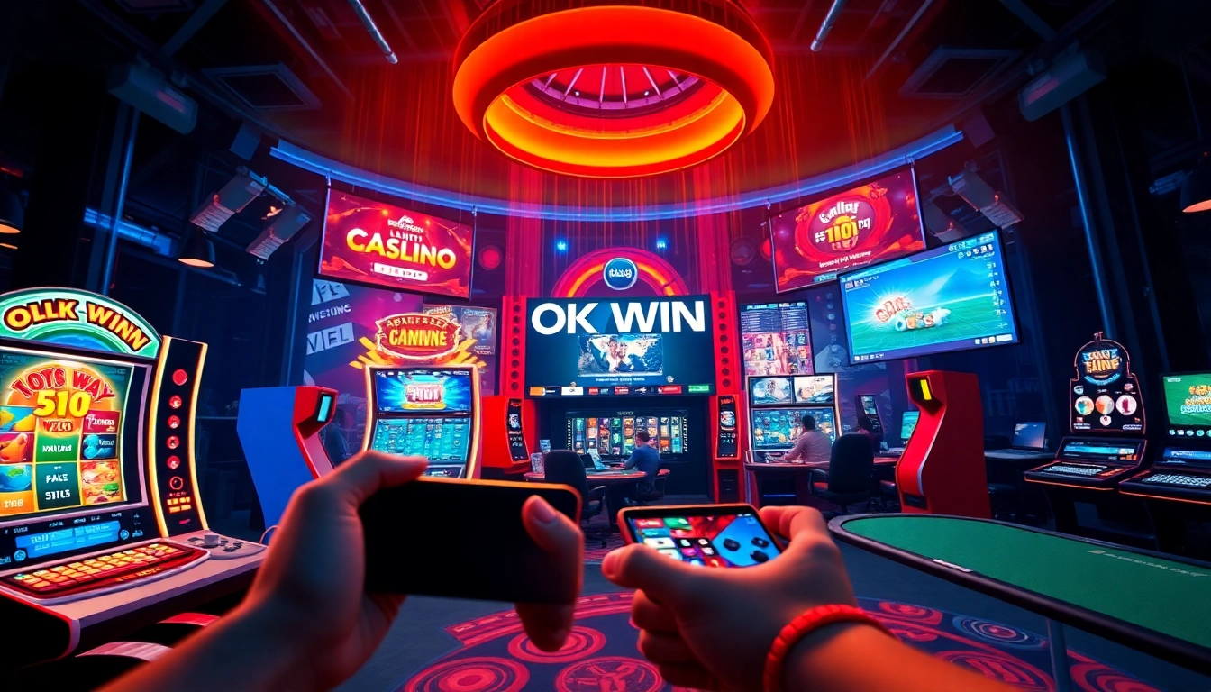 Exciting depiction of OKWIN online gaming experience featuring vibrant slots and live casino.